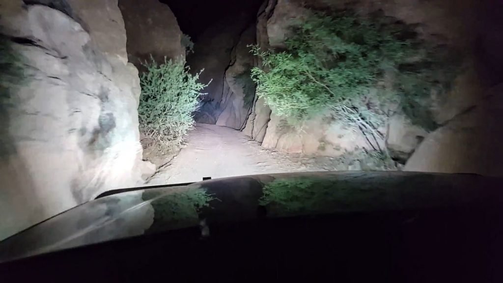 Night Driving in Box Canyon in Arizona with Nilight off-road LED Light Bar light shining on sides of mountain.